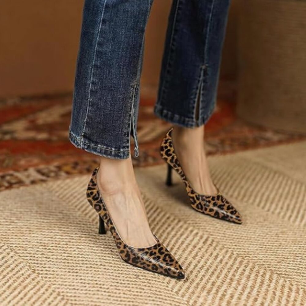 FOWT Brown Leopard Croc-Embossed Pointed Toe Dressy Slip on Thin High Heel Pump